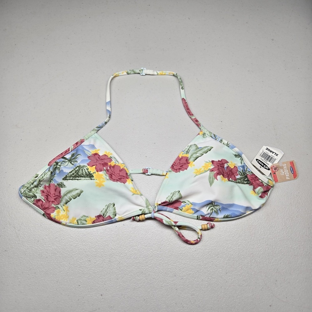 Old Navy Women Swimwear XL Blue Floral Hibiscus Halter Top Light Padding NWT